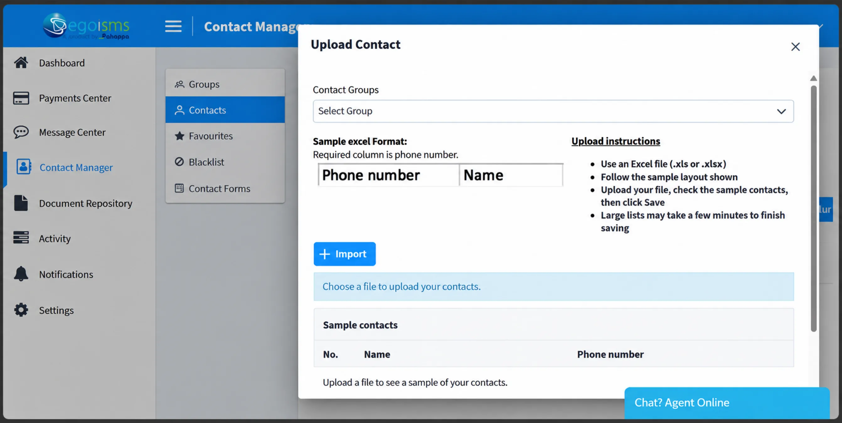 EgoSMS Upload Contact dialog with sample Excel format