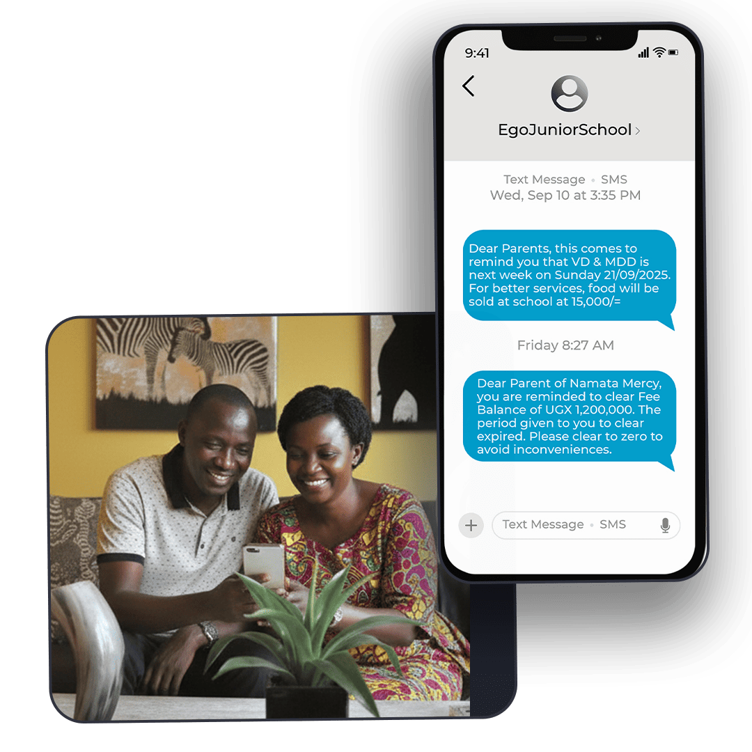 A phone mockup showing bulk sms message received from a school